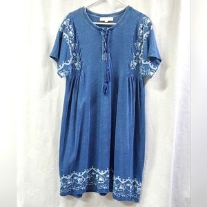 Loft Blue Knee Length Dress Embroidered Hem And Sleeves Large